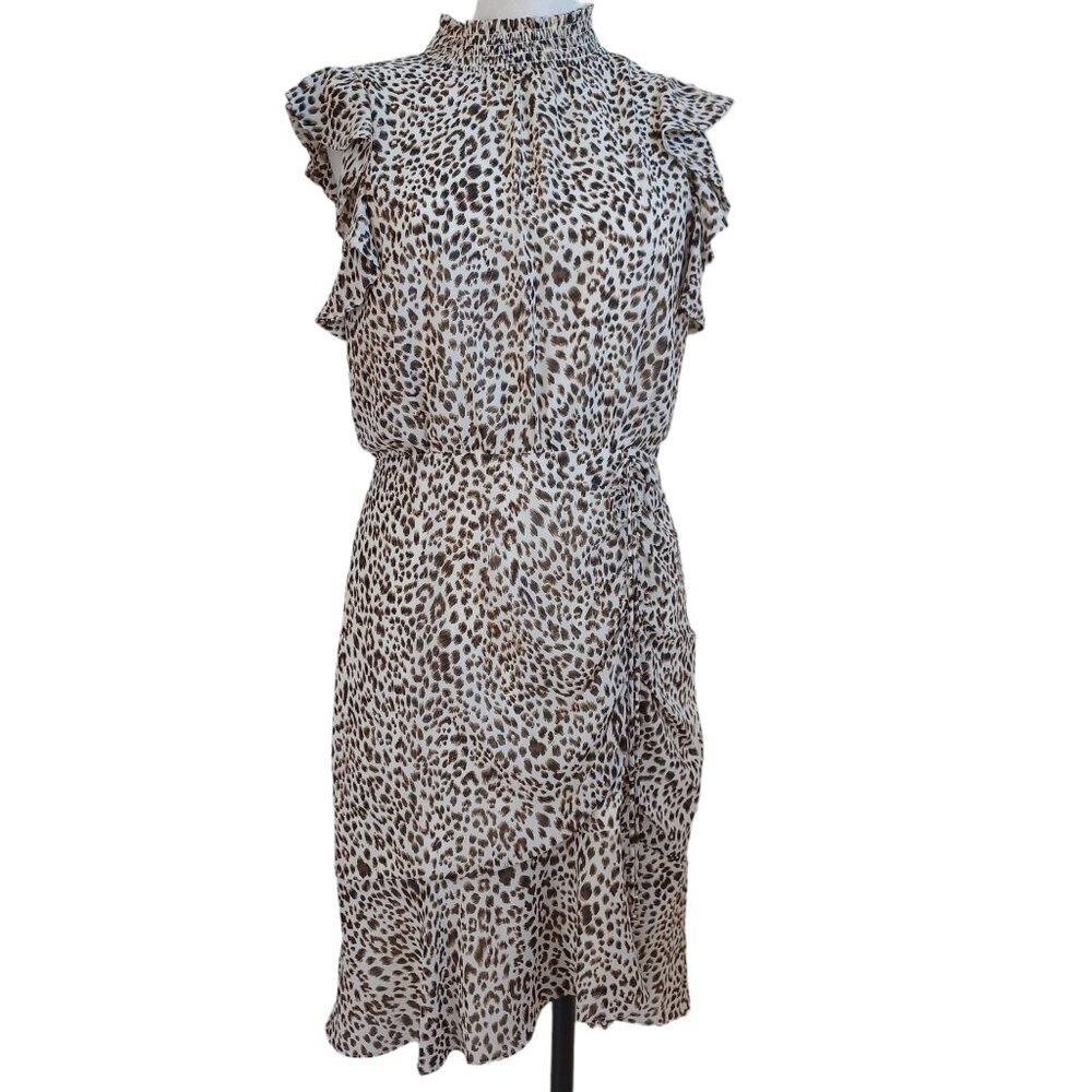 Sam Edelman Leopard Print Smocked Mock Neck Ruffle Faux Wrap Dress Womens 8
